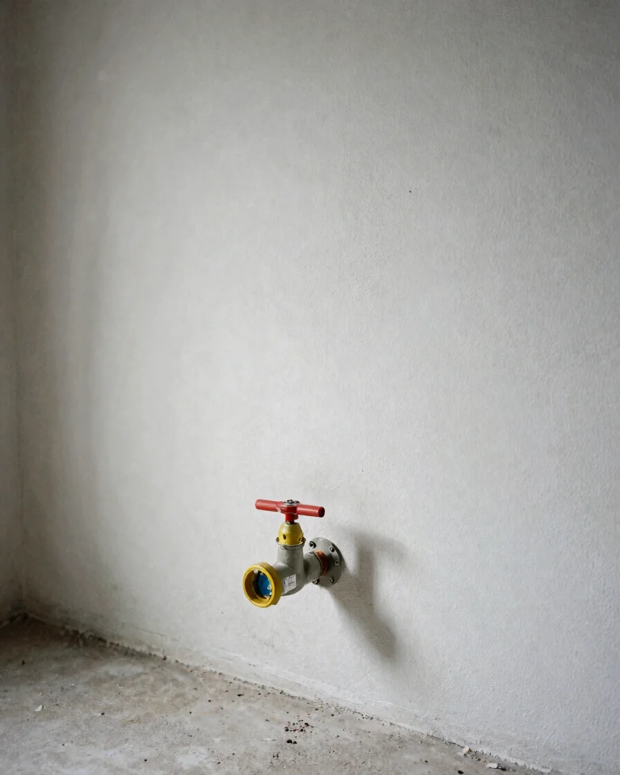 Realistic basement wall with a main water stopcock and pipework, natural indoor daylight, neutral tones, editorial photo