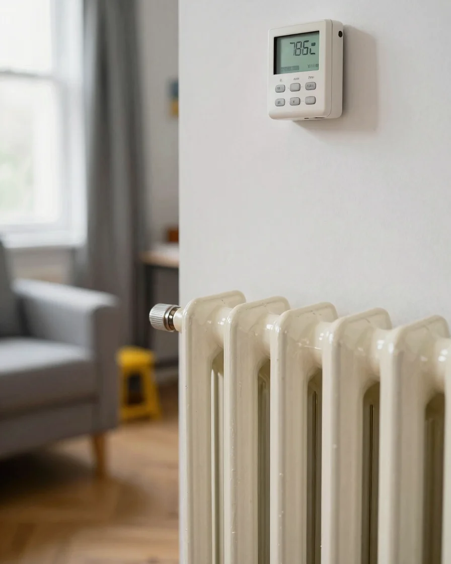 Close-up, natural indoor daylight, a cream-painted cast iron radiator beside a wall-mounted thermostat in a lived-in liv