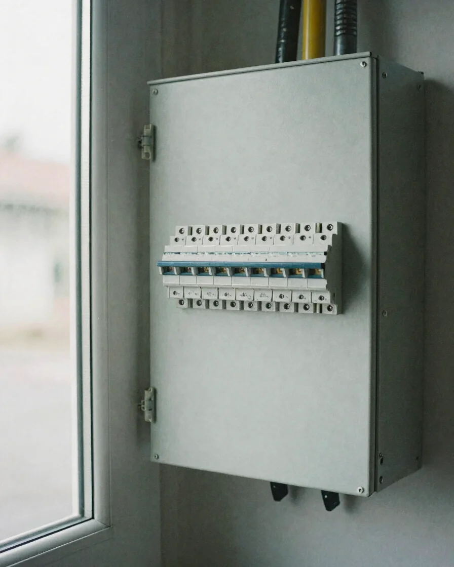 Realistic close-up of a window frame with weatherstripping and a tidy utility room electrical panel with labeled breaker