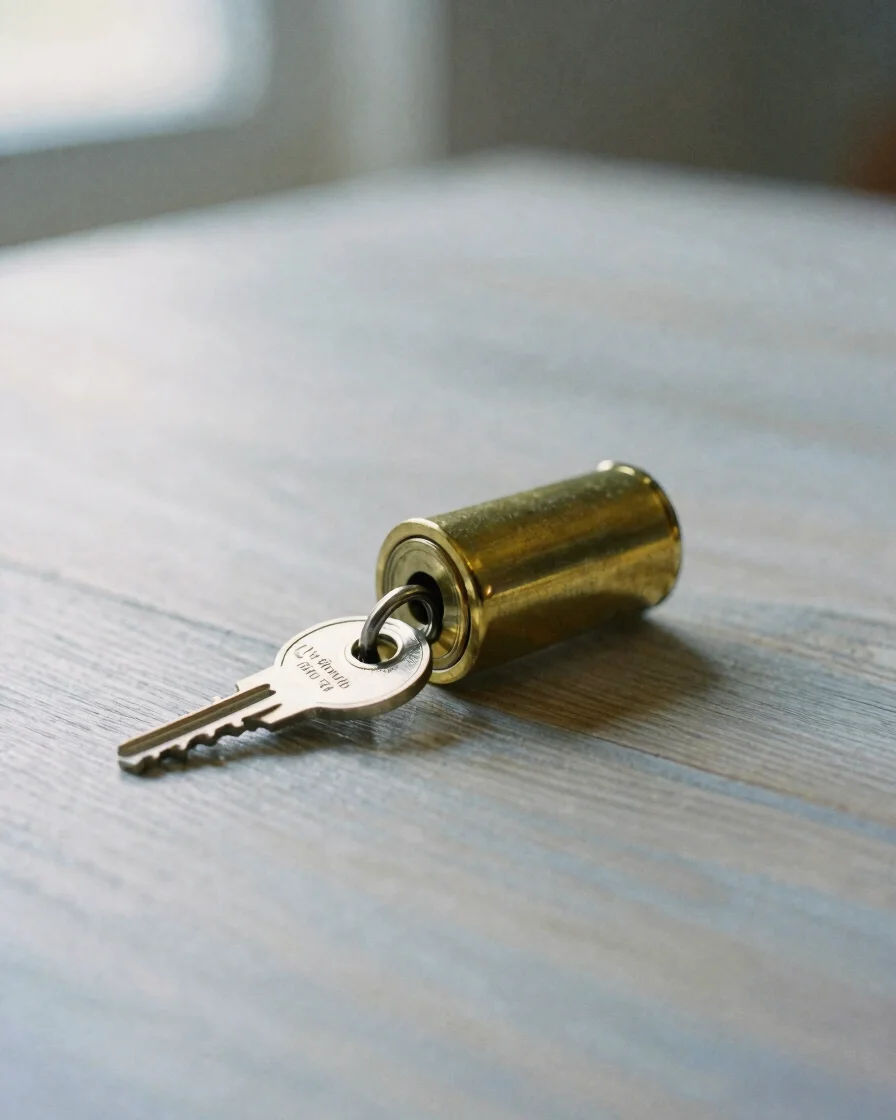Realistic close-up of a brass door lock cylinder and its keys on