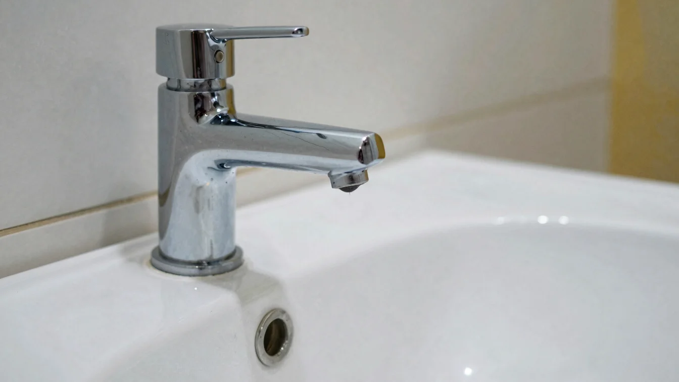 Realistic close-up of a chrome bathroom faucet with a slight drip