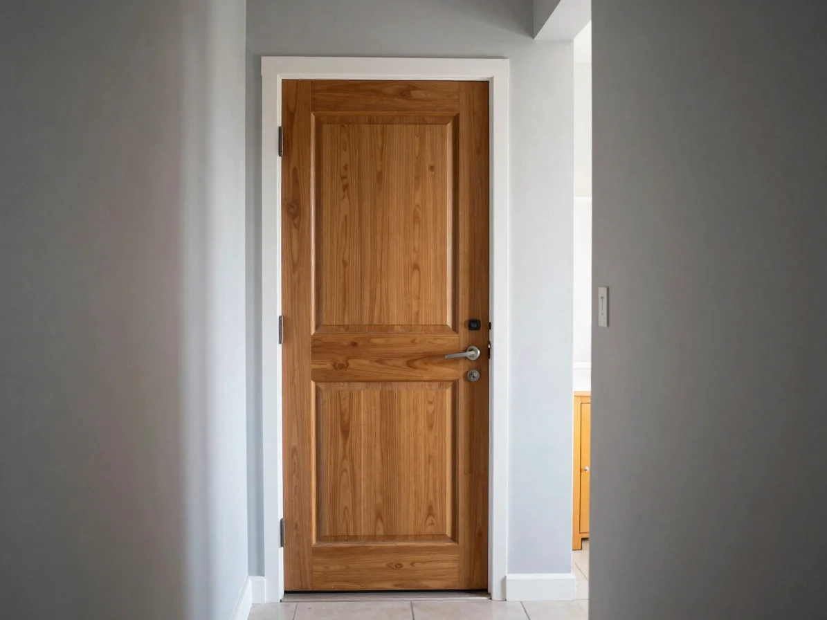 Realistic interior view of a tidy entryway with a wooden front do