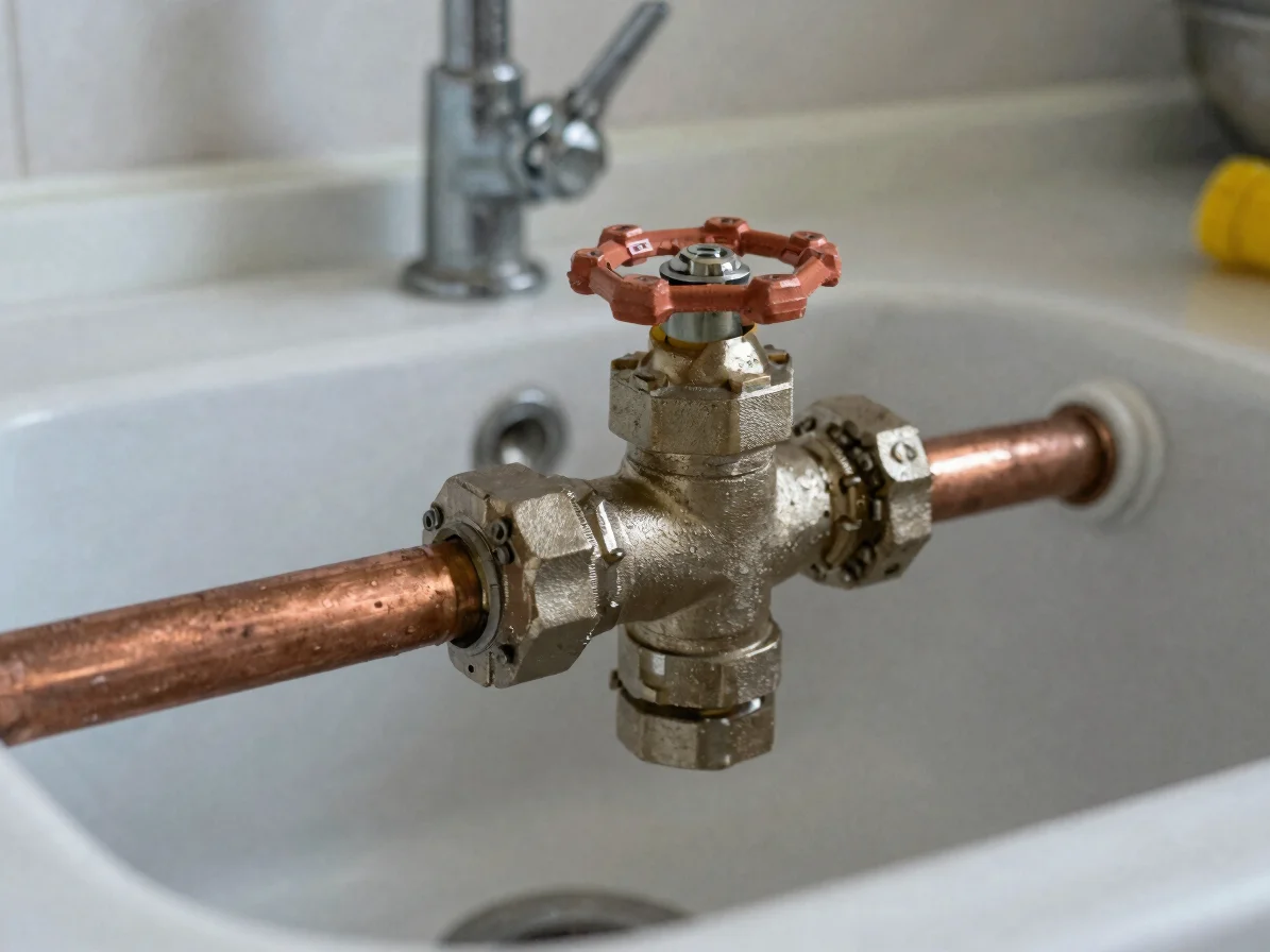 Realistic close-up of a copper pipe junction under a kitchen sink