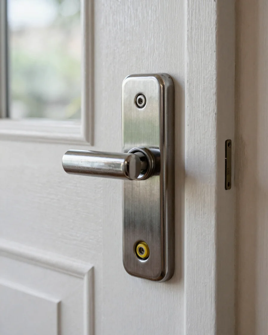 Close-up of a clean brushed-steel door lock cylinder mounted on a painted wooden front door, natural indoor daylight fro