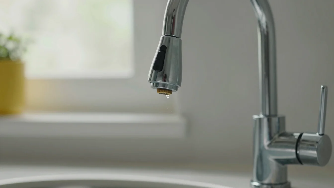 Close-up of a chrome kitchen faucet with a dripping cartridge are