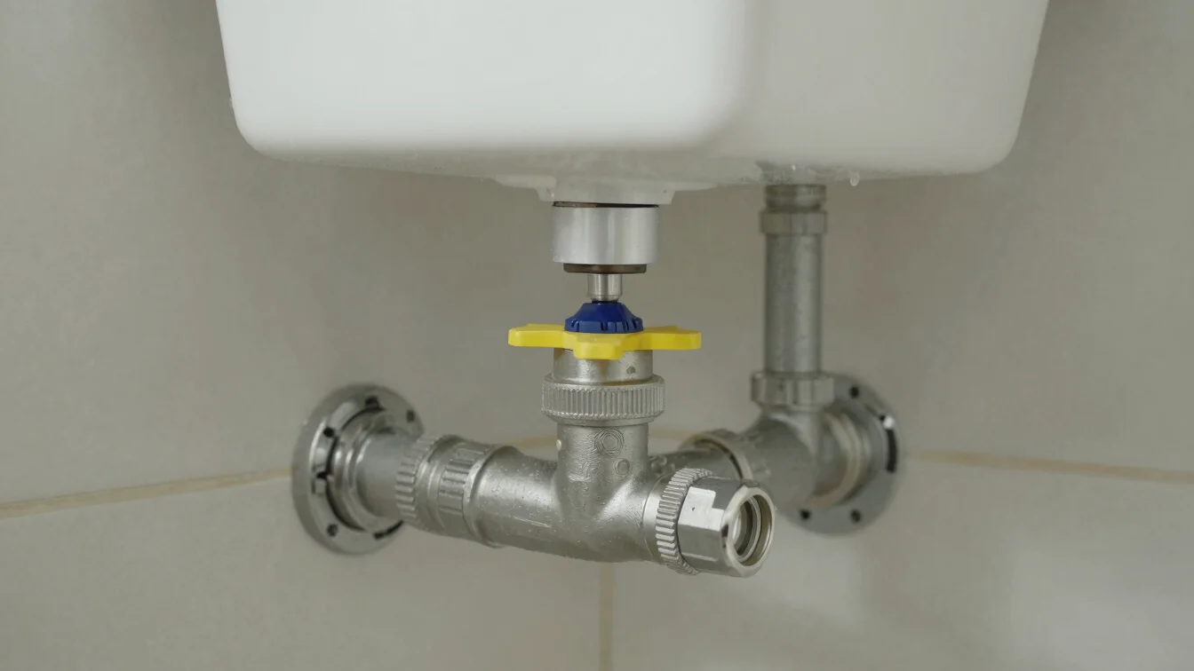 Under-sink supply lines and shutoff valve in a lived-in bathroom,