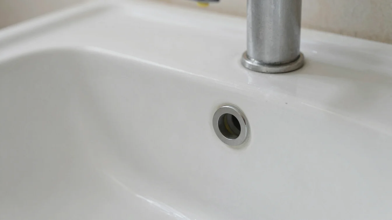 Close-up of a white ceramic sink joint with a fine bead of sealan
