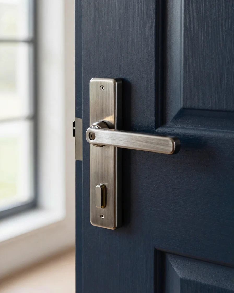 Realistic close-up of a modern brushed-steel entrance door lock o
